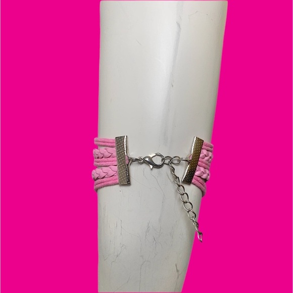 WOMENS CROWN DUAL HEART PENDANT LOVE ENGRAVED WOVEN BRACELET - Picture 3 of 3